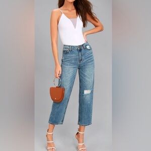 Blue Cropped Wide-Leg Jeans with Distressed Details